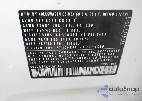 2020 Volkswagen Tiguan 2.0T Se/2.0T Se R-Line Black/2.0T Sel из США, поврежденный, VIN 3VV2B7AX9LM107607